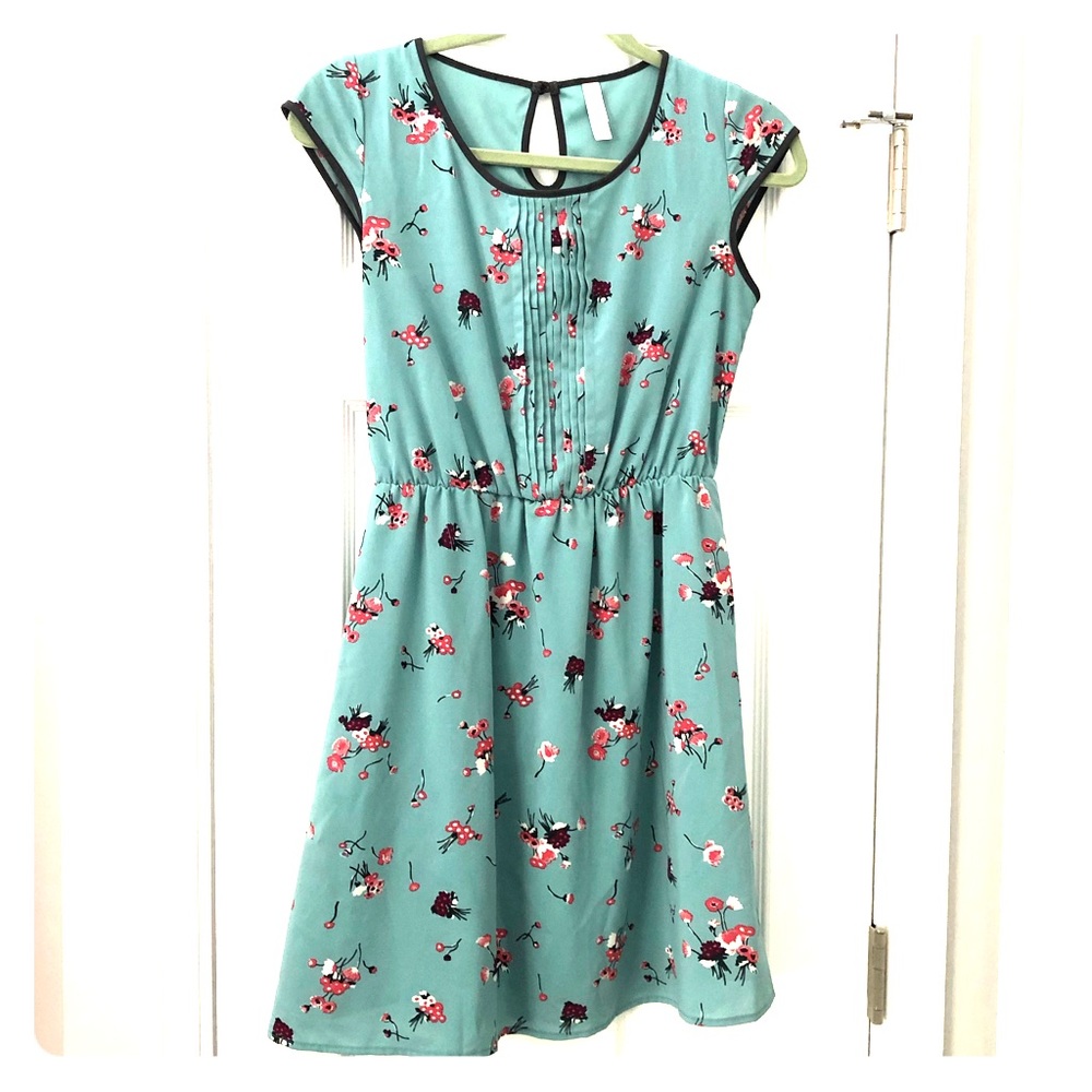 Grayish blue, floral dress with cap sleeves